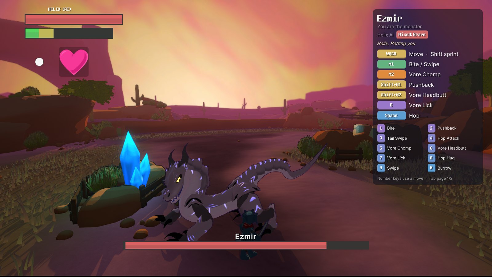Playing as Ezmir at sunset while Helix pets it, with the mod's move card on the right