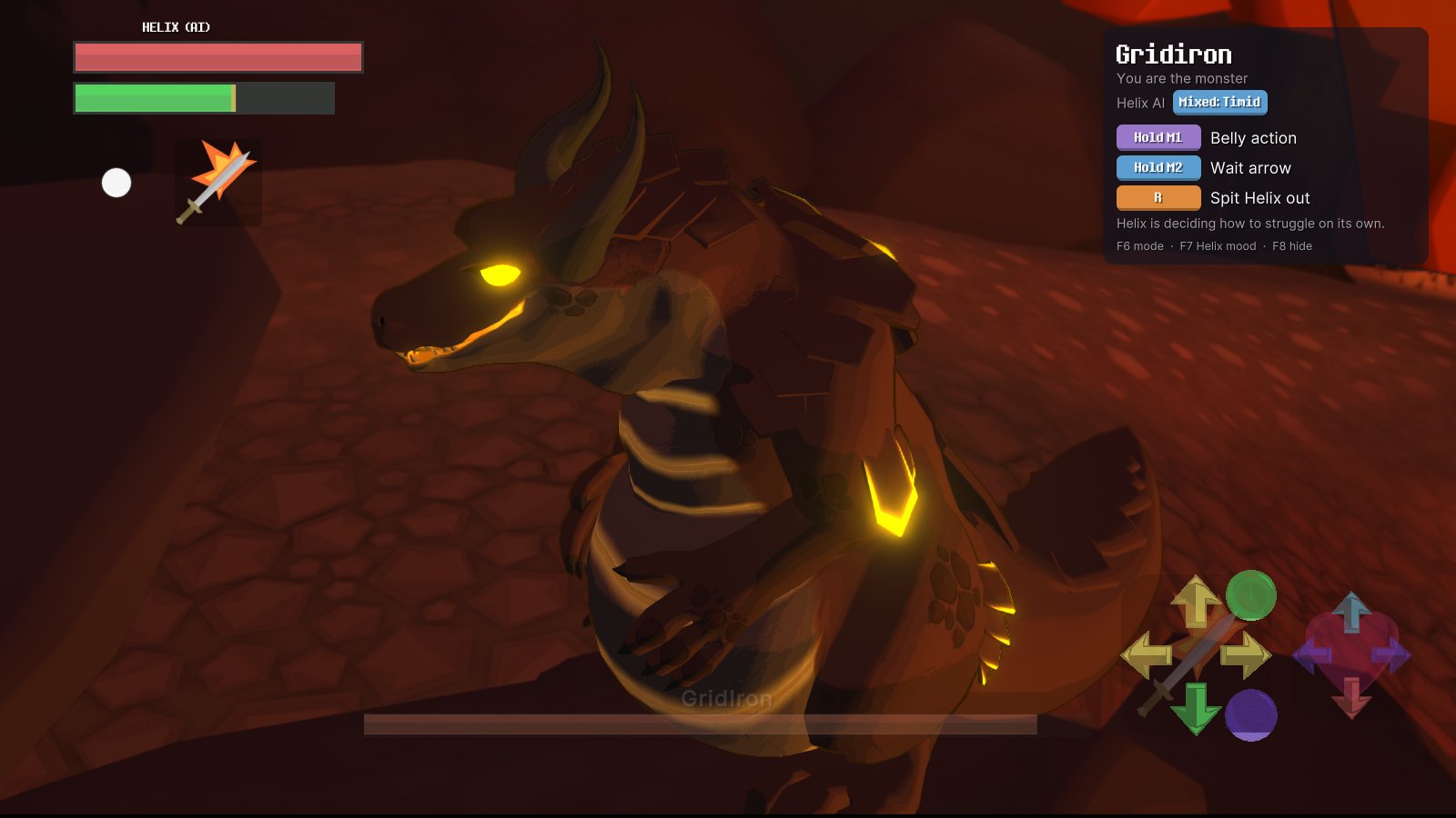 Gridiron in a lava cave with belly controls on the card and struggle arrows at the bottom right