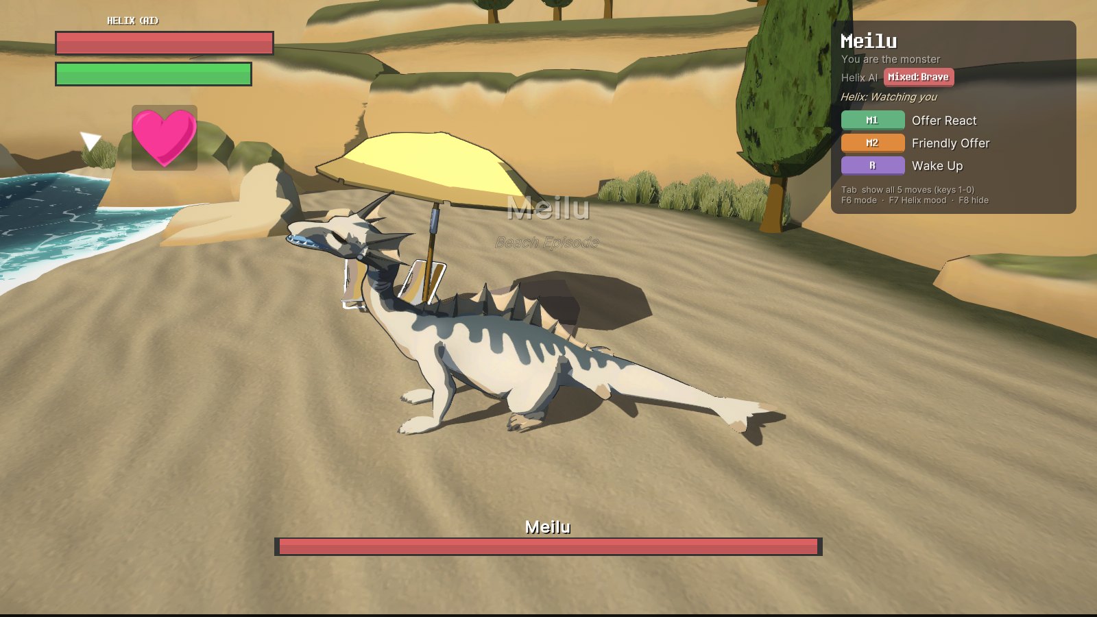 Meilu lounging under a beach umbrella while Helix watches