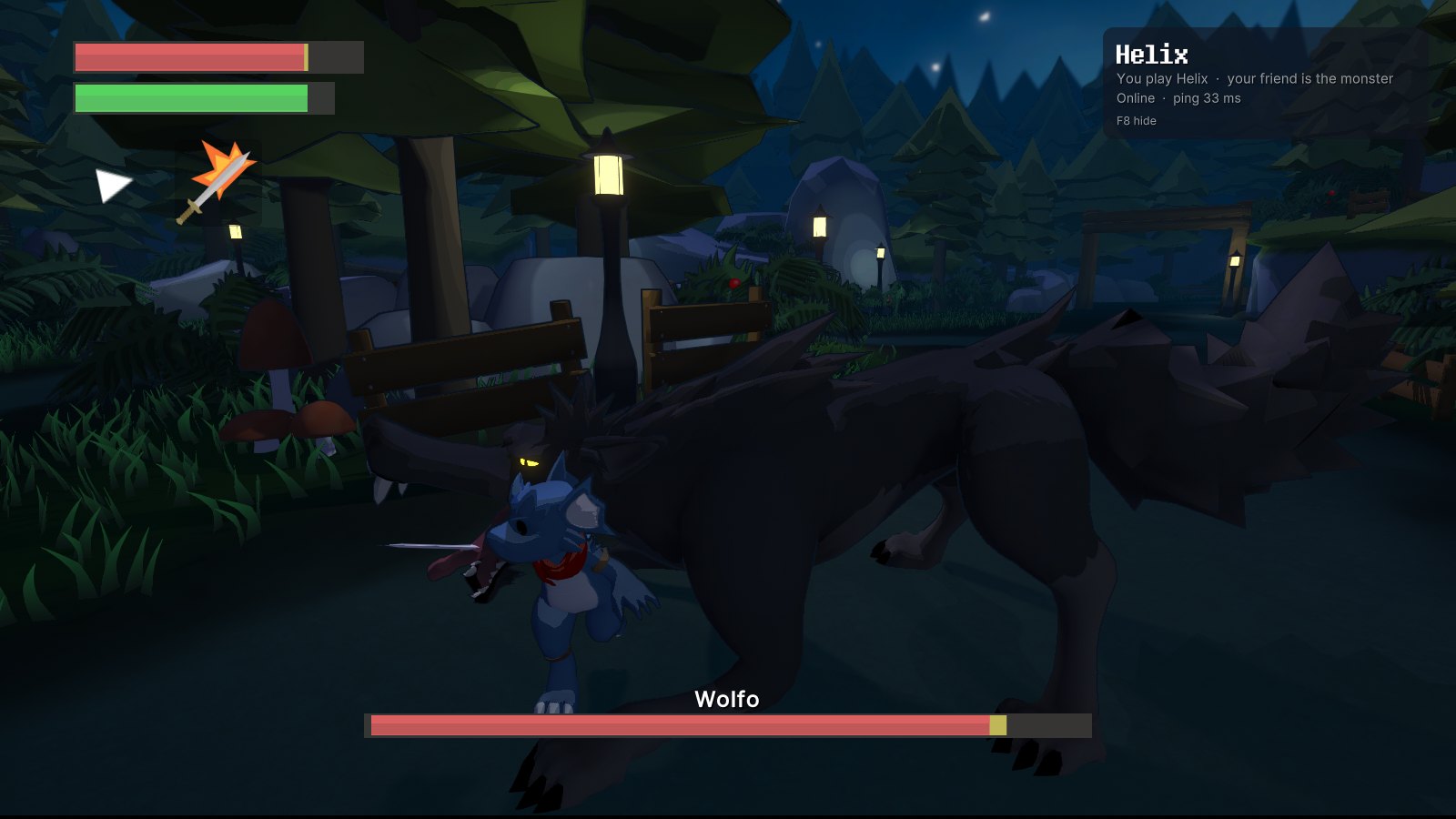 The Helix player's view, face to face with Wolfo