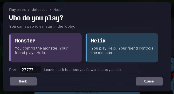 Host page asking whether you play the monster or Helix