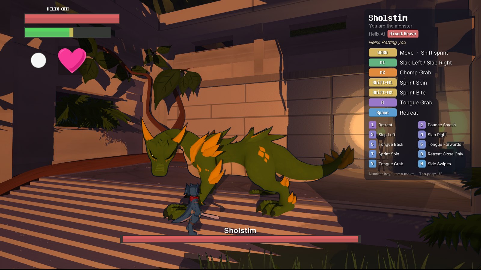 Helix petting Sholstim on a sunlit staircase
