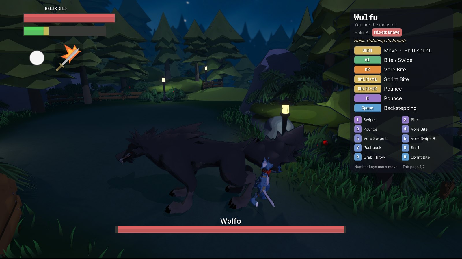 Wolfo in the forest at night with Helix beside it