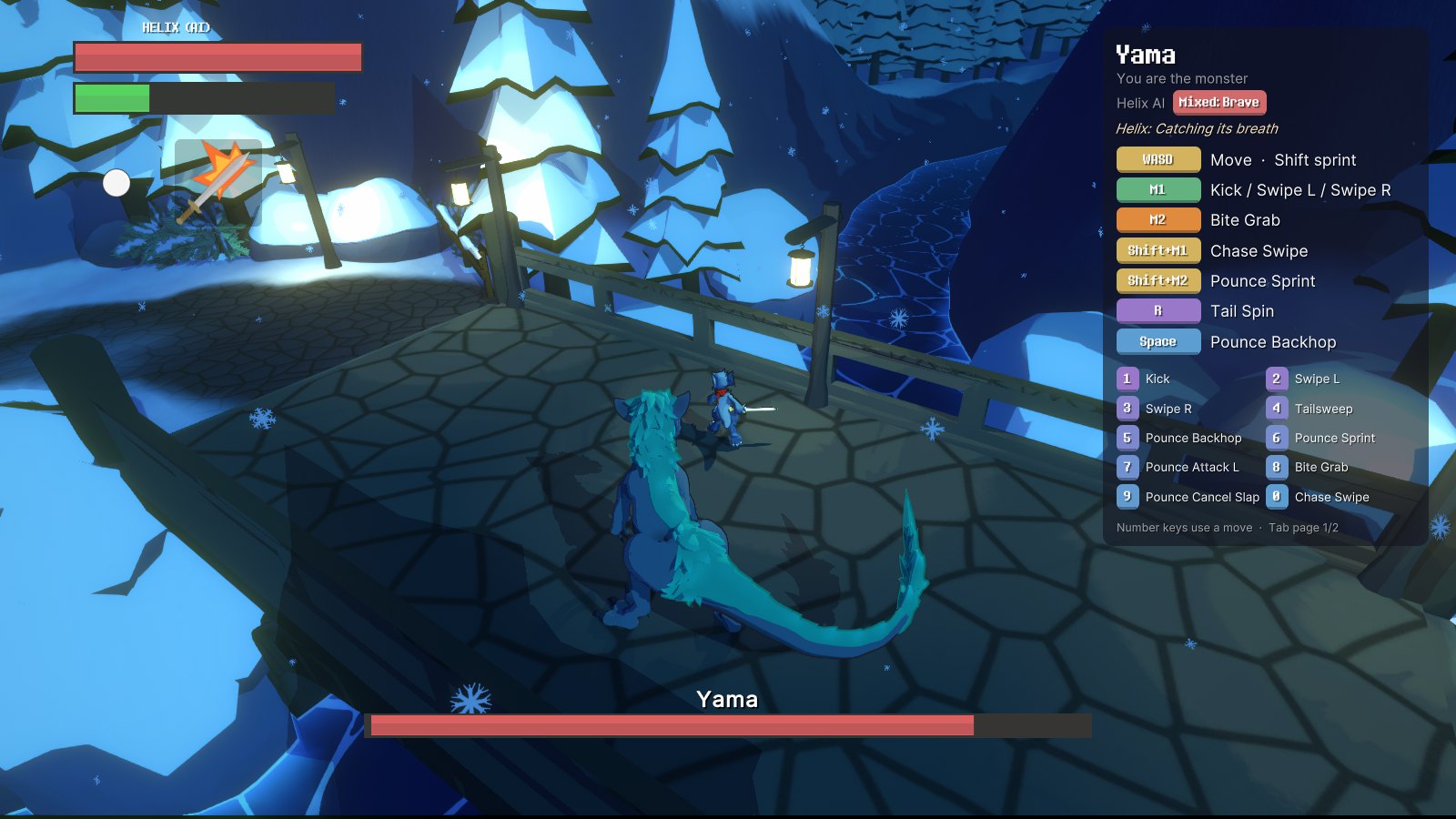 Yama on an icy bridge with Helix nearby